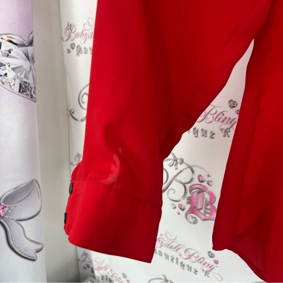 Adrianna Papell long sleeve bright Vibrant Red Blouse silver details buttons - Picture 6 of 9